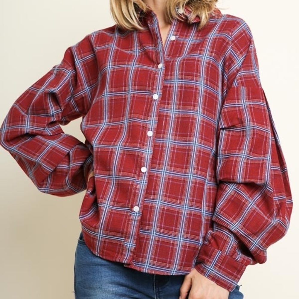 Pintuck Oversized Plaid Button Up Top with a Scoop
